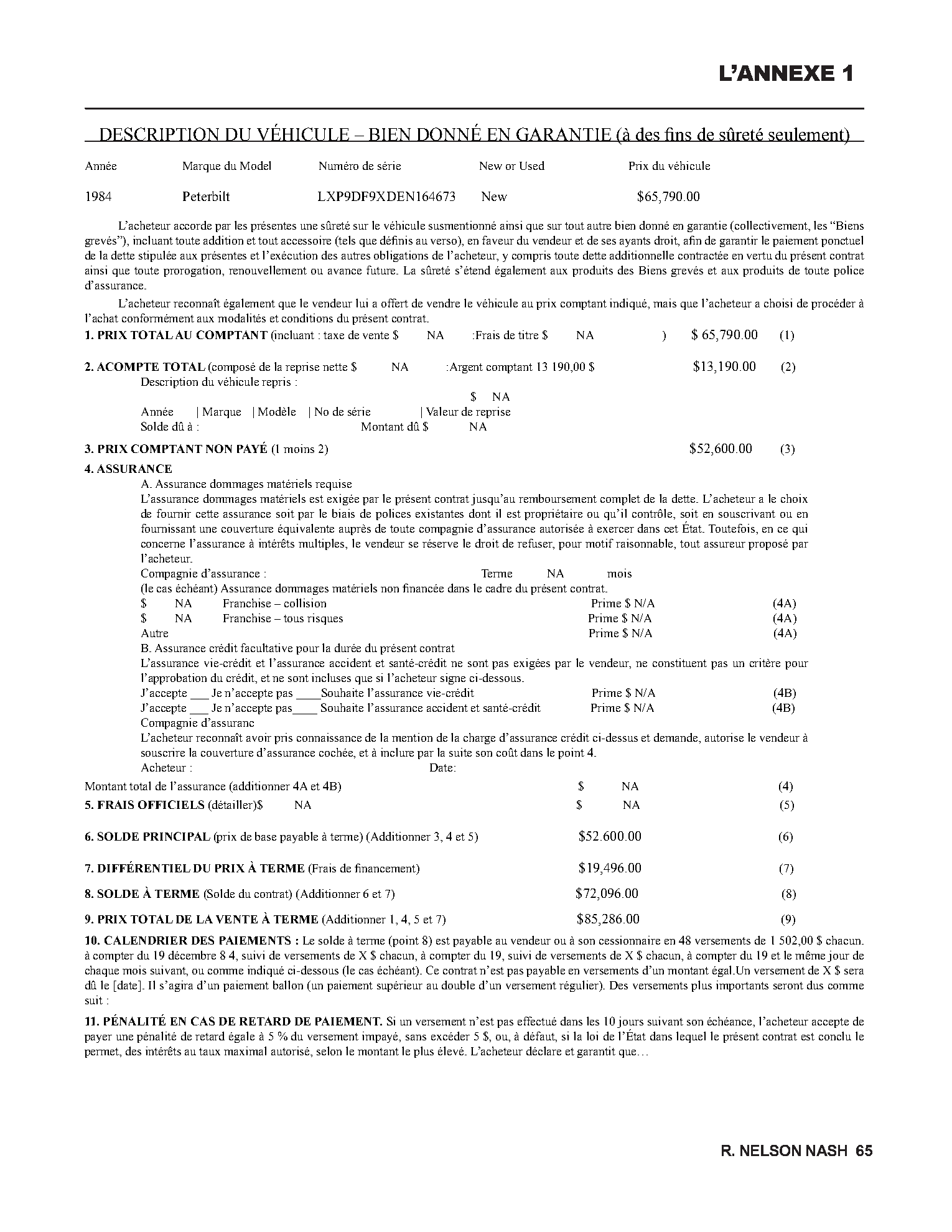 Annexe 1 - Contrat Peterbilt 1984